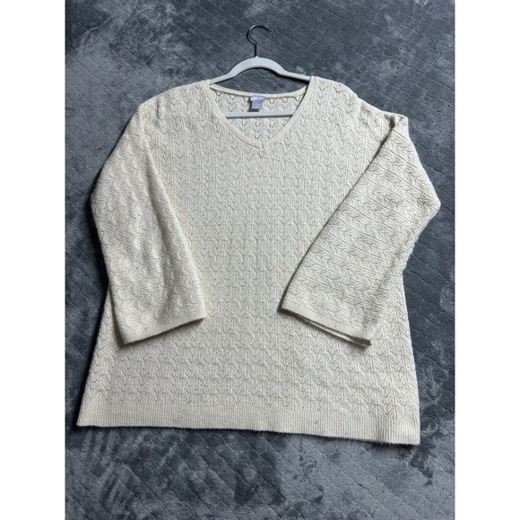 Chico's Oatmeal Drama Cable Pullover V-neck Sweater Size 3 Womens XL Stretch - Picture 3 of 10